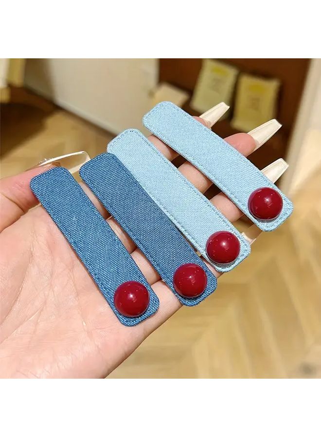 أزرار شعر مستوحاة من الطراز القديم باللون الأزرق الفاتح والأزرق الداكن 4 قطع، تصميم مستطيل من القماش بسيط للشعر الأمامي والتسريحات - Image 1